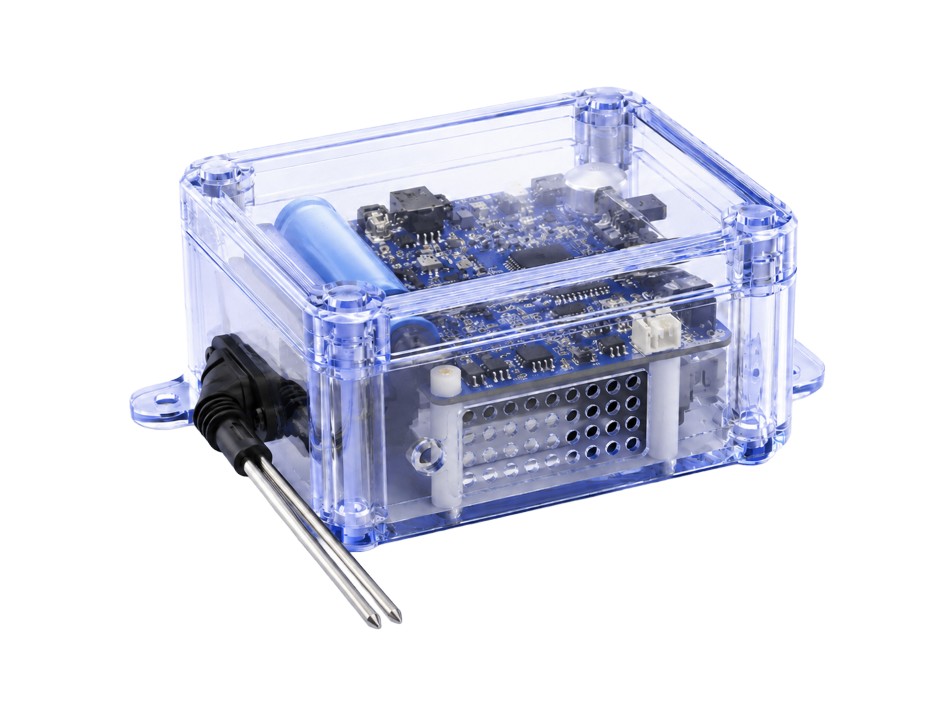 Transparent sensor enclosure with internal PCB, battery and probe
